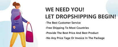 A woman with a shopping bag promotes dropshipping benefits with a message on customer service, pricing, and shipping.