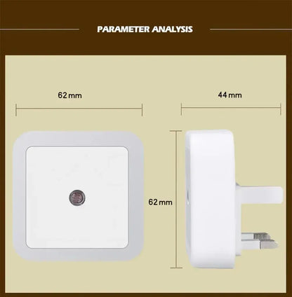 Dimensions of LED night light with motion sensor, measuring 62mm x 62mm x 44mm, showcasing wall plug design.