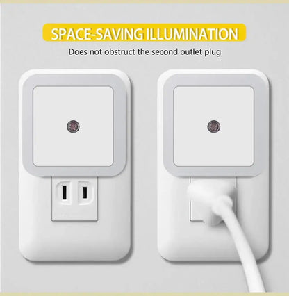 LED night light showcasing space-saving design, allowing access to second outlet plug, ideal for bedrooms and hallways.