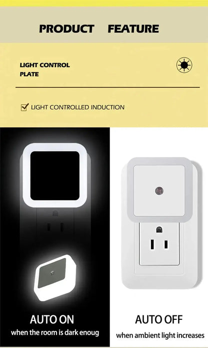 Light control plate illustration showing auto on and off features for smart night light.