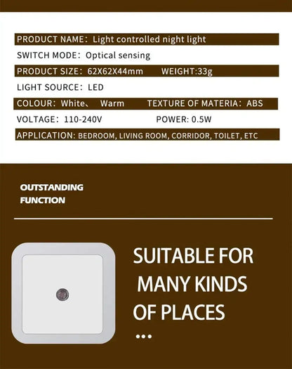 Light controlled LED night light with optical sensing for bedroom, corridor, and toilet, 110-240V, warm white.