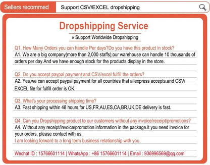 Dropshipping service FAQ with details on order handling, payment methods, processing time, and customer support.