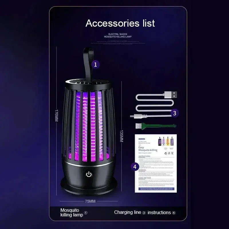 Image of UV mosquito killing lamp with USB charging cable and instruction manual included.
