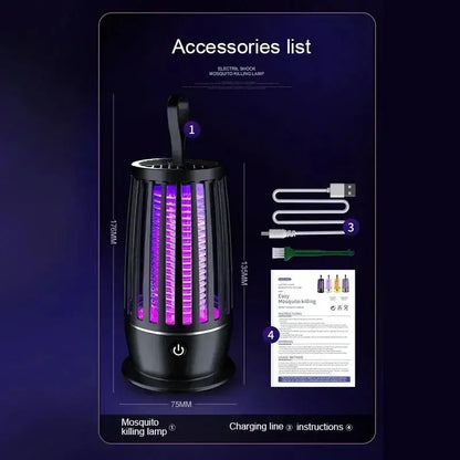 Image of UV mosquito killing lamp with USB charging cable and instruction manual included.