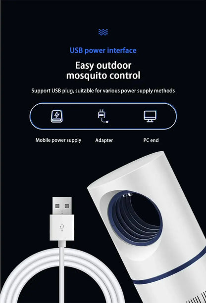 USB powered mosquito repellent device for outdoor use, showcasing mobile, adapter, and PC power options.