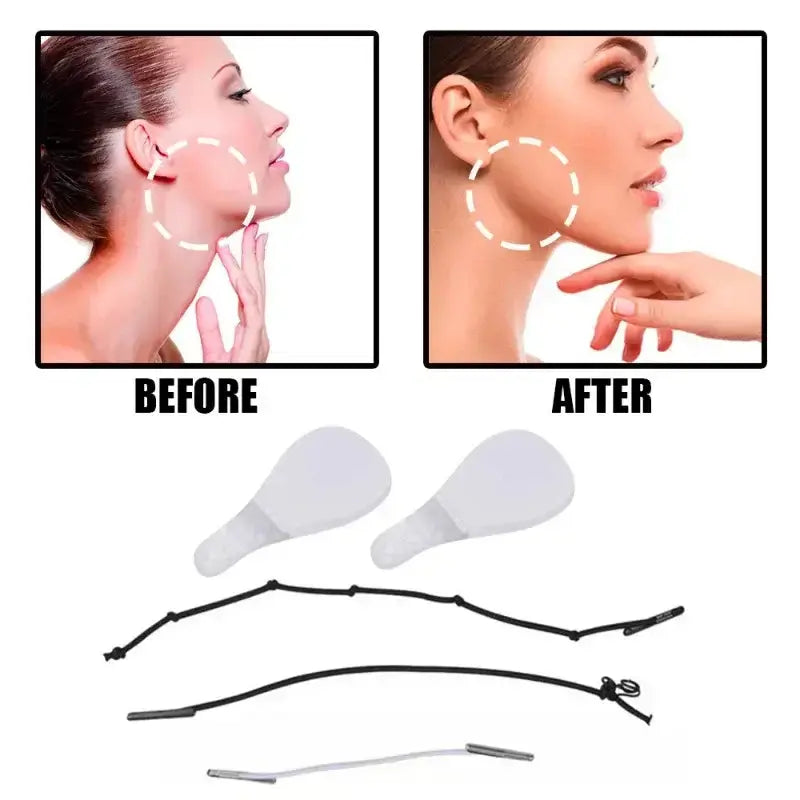 Image showing before and after results of facial lifting with invisible stickers and materials included.