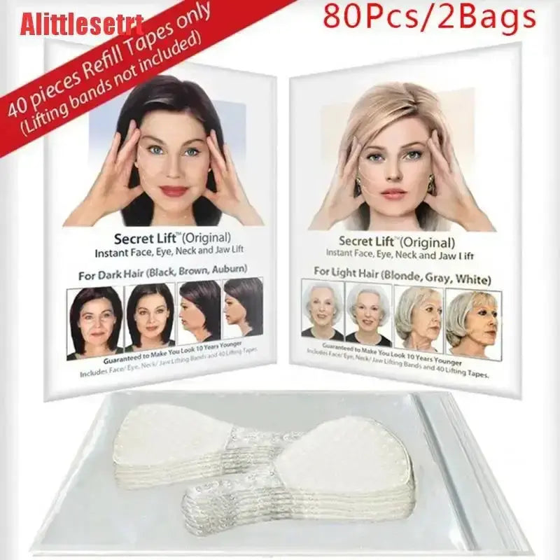 40 refill tapes for instant face and neck lifting, suitable for all hair colors, enhancing youthful appearance.