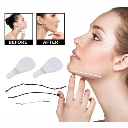 Before and after image showing facial lifting results with DEDOMON invisible lifting patches.