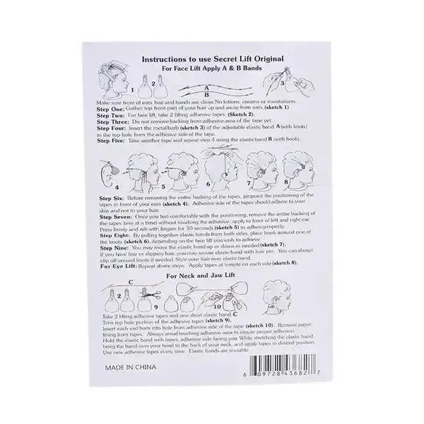 Instructions for using Secret Lift Original face lift bands, including steps for application and usage.