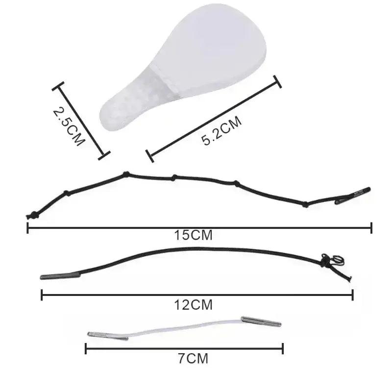 Dimensions of a facial lifting patch kit, featuring a clear applicator and various attachment lengths.