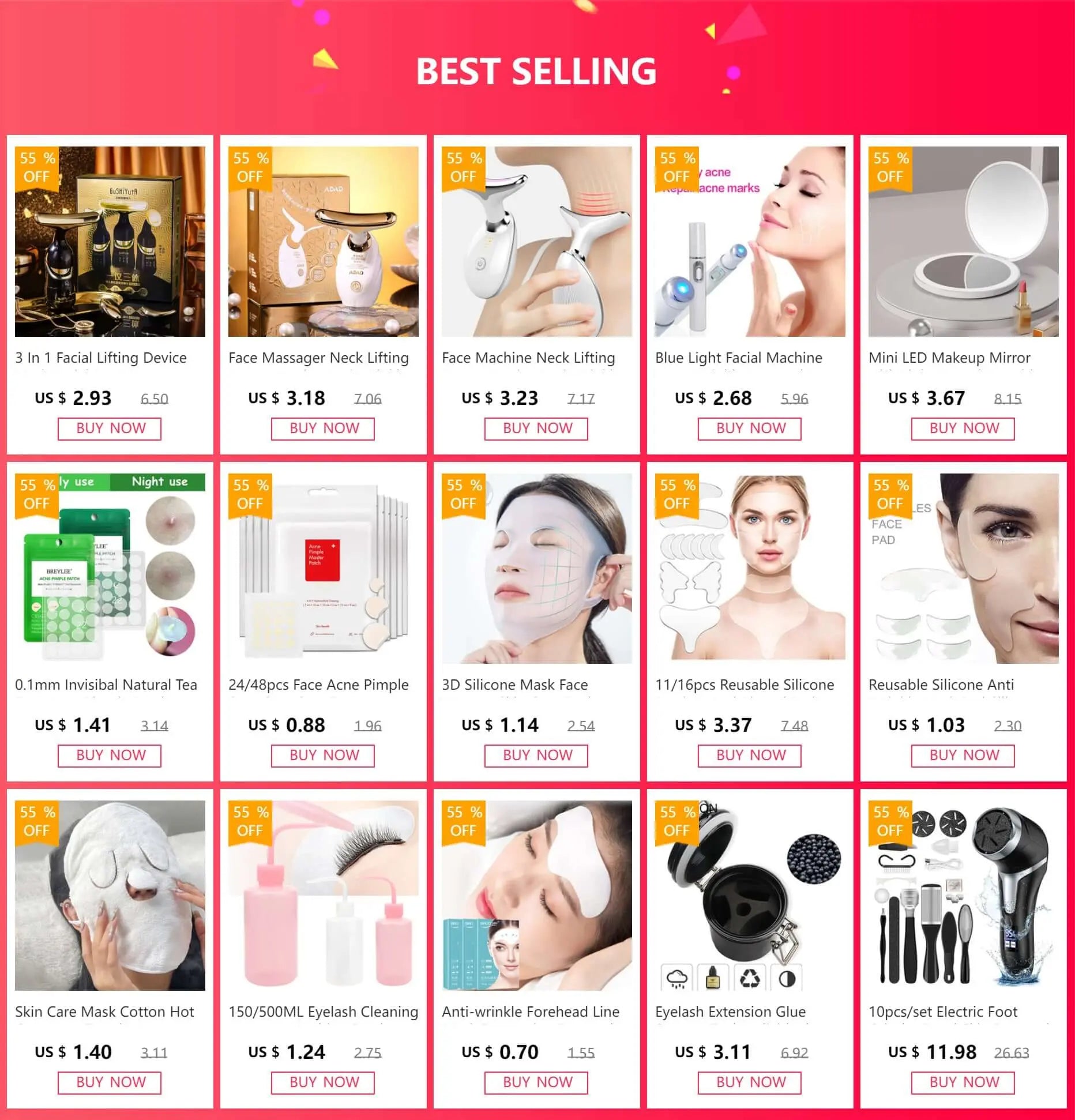 Collage of best-selling beauty products including facial devices, silicone masks, and cleaning tools.