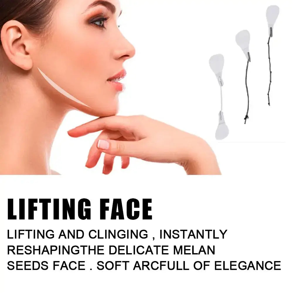 Woman demonstrating face lifting procedure with plastic tools for reshaping and tightening skin.