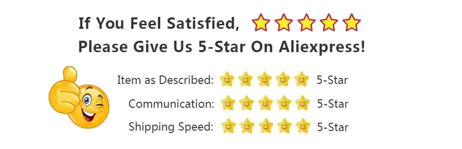 Graphic encouraging customers to give 5-star reviews on Aliexpress, featuring ratings and smiley emojis.
