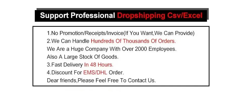 Support for professional dropshipping with no invoices, fast delivery in 48 hours, and large stock availability.