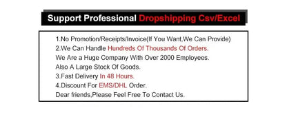 Support for professional dropshipping with no invoices, fast delivery in 48 hours, and large stock availability.