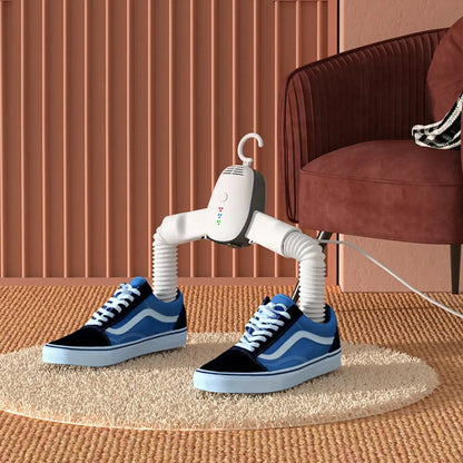 Mini foldable smart laundry dryer resembling legs, with blue sneakers, in a cozy room setting.