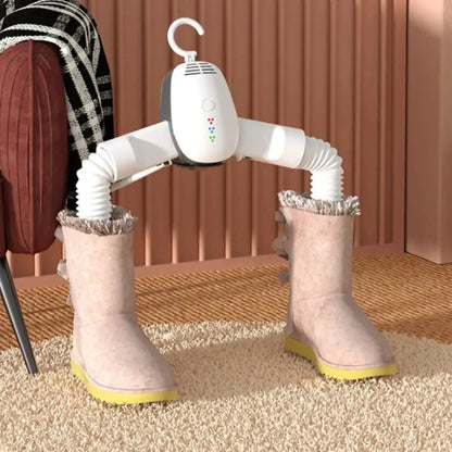 Foldable smart dryer for drying boots with adjustable arms in a cozy indoor setting.