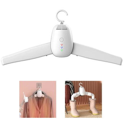 Mini foldable smart laundry dryer hanger with detachable design for garments, perfect for travel and dehumidifying clothes.
