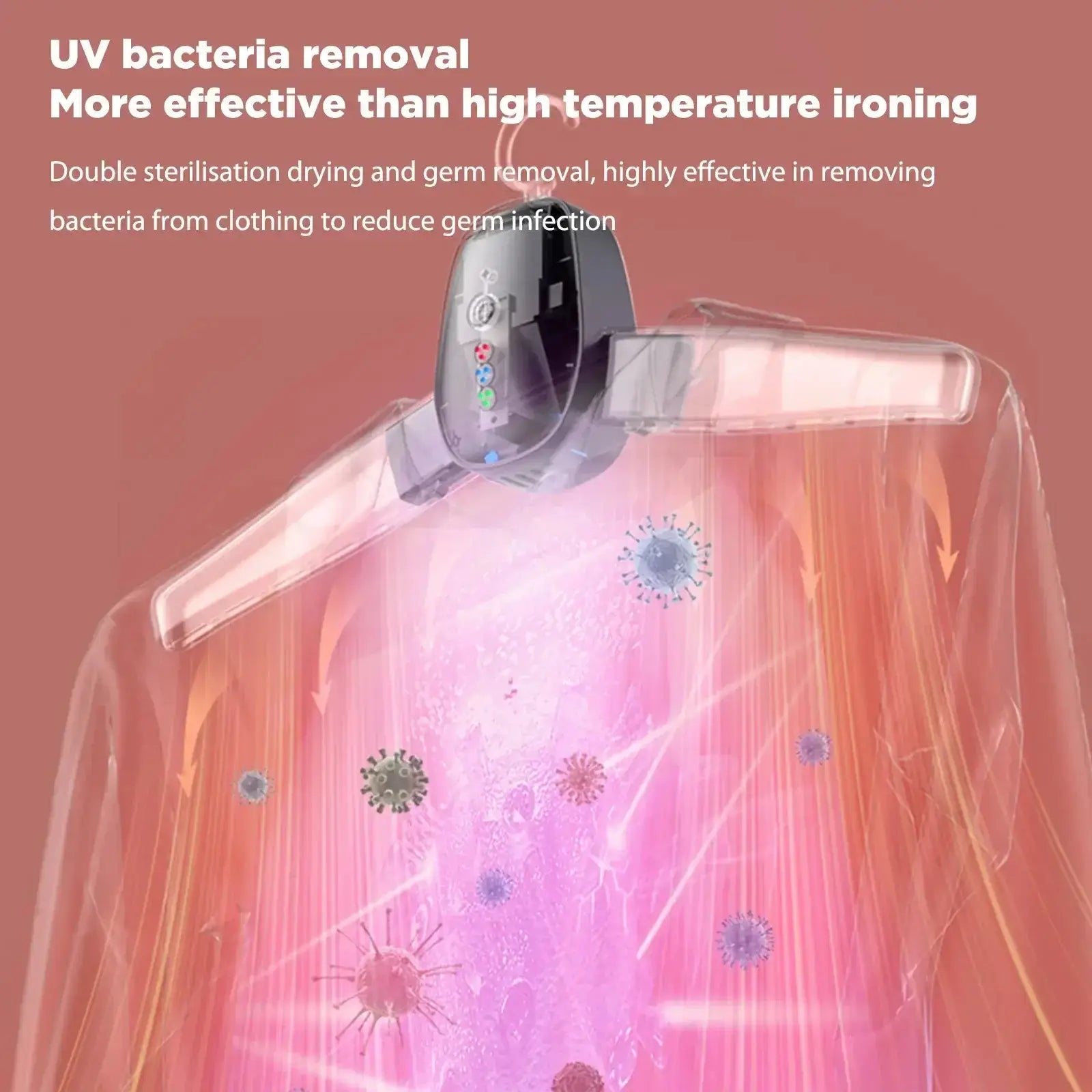 Mini foldable dryer with UV bacteria removal technology, effectively sterilizing clothes and reducing germ infection.