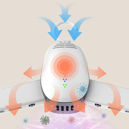 Illustration of a mini foldable smart laundry dryer with arrows indicating air flow and dehumidification effects.