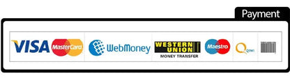 Payment options including Visa, MasterCard, WebMoney, Western Union, Maestro, and QIWI logo.