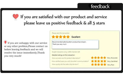 Customer feedback request image encouraging positive reviews and ratings for product satisfaction.