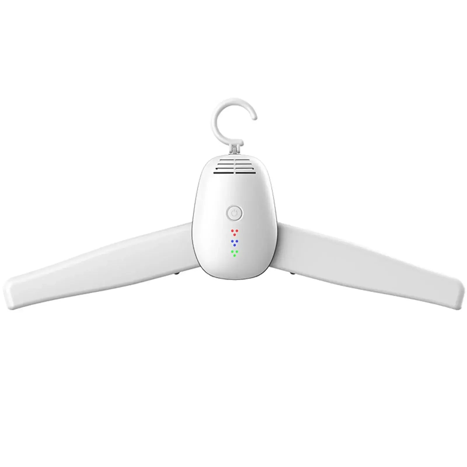 Mini foldable smart laundry dryer and garment hanger with a hook and indicator lights for easy clothes drying.