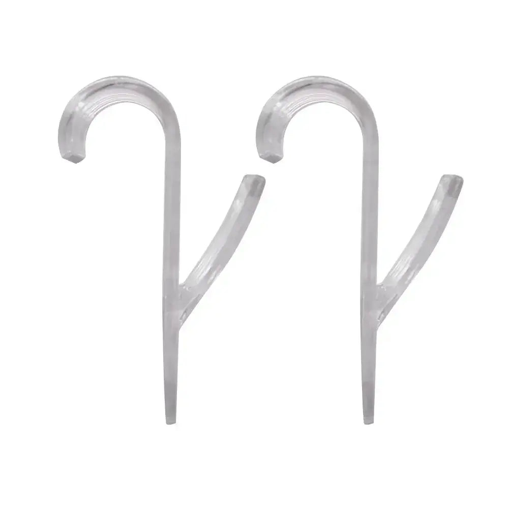 Clear plastic hooks for hanging garments or accessories, suitable for organizing and drying clothes.