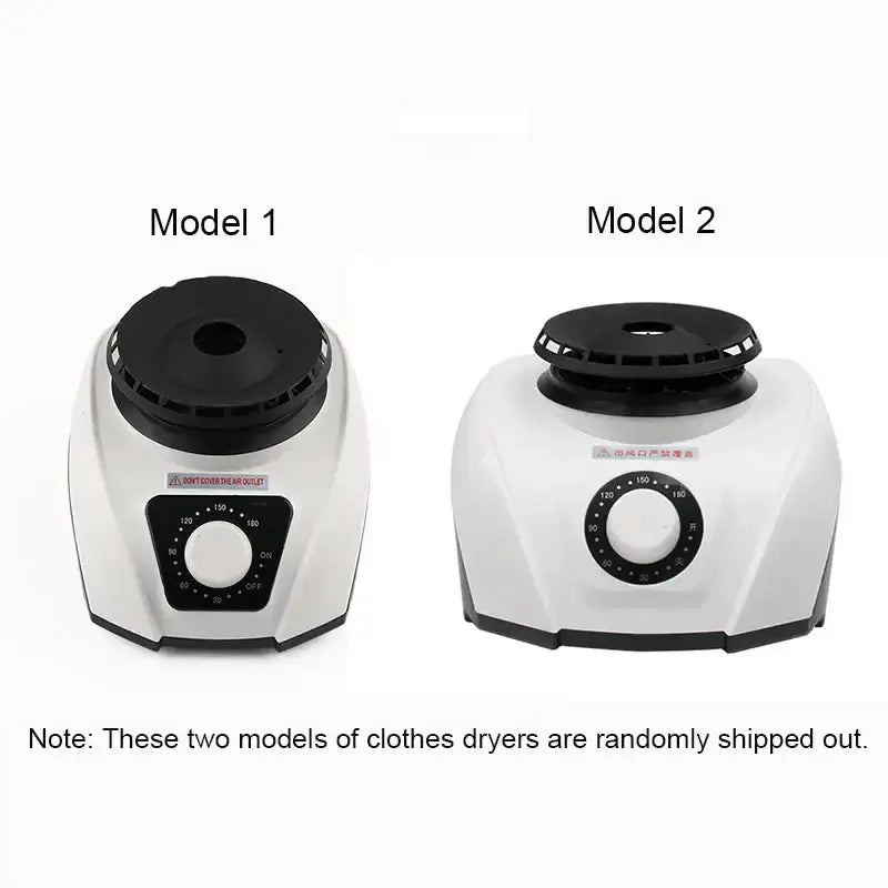 Two models of portable clothes dryers, showcasing design differences and control dials on each unit.