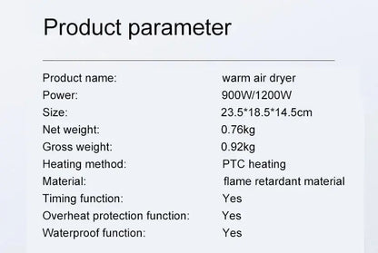 Product specifications for warm air dryer with heating methods and safety features.