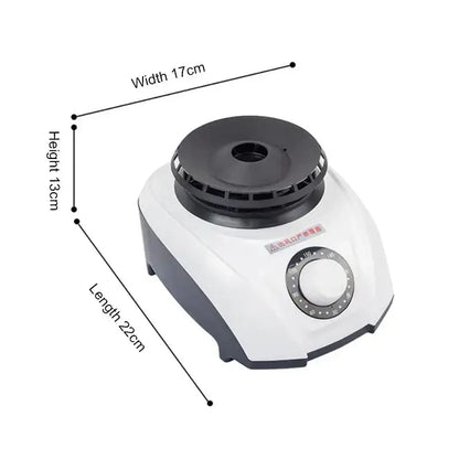 Compact electric laboratory stirrer dimensions: 17cm width, 13cm height, 22cm length, suitable for various mixing tasks.