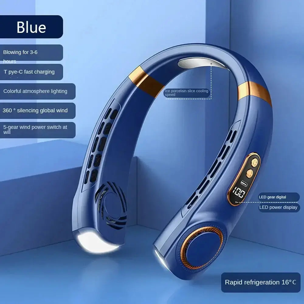 Mini ventilateur de cou suspendu YUGESA, rechargeable, avec éclairage LED et fonction refroidissement rapide à 16°C.