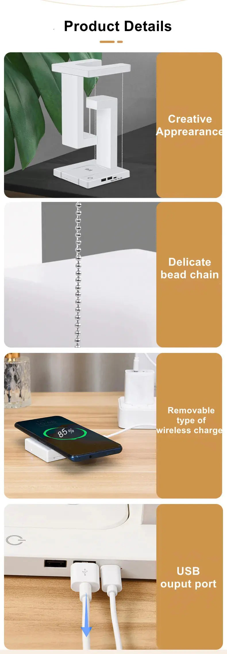 Novelty floating lamp with 10 W  detachable wireless charger decorative light for bedroom/office Bantout.prod