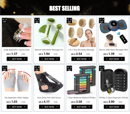 Collection of best-selling foot care tools and massagers, including a toe separator, roller massager, and EMS neck massager.