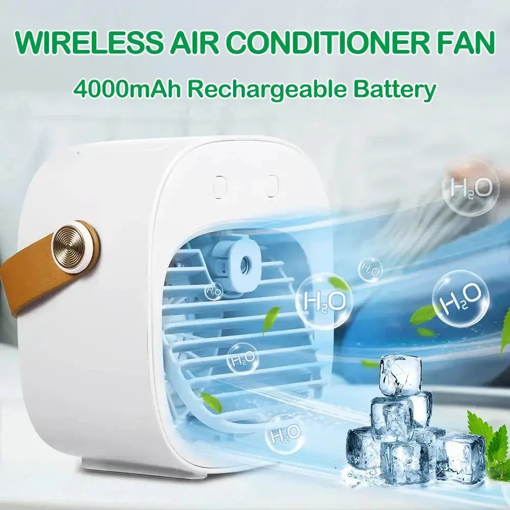 Wireless air conditioner fan with 4000mAh rechargeable battery blowing cool air, ideal for personal use and camping.