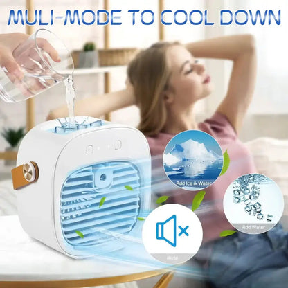 Portable mini air conditioner with water refill, designed for cooling and adaptable use for personal comfort.