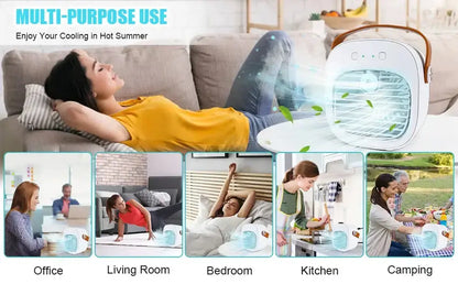 Wireless portable mini air conditioner in various settings: office, living room, bedroom, kitchen, camping.