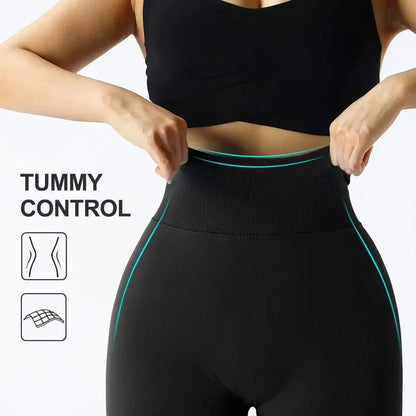 High-waisted seamless knitted leggings worn by a woman during a fitness workout, showing a peach-lift design and nude color finish.