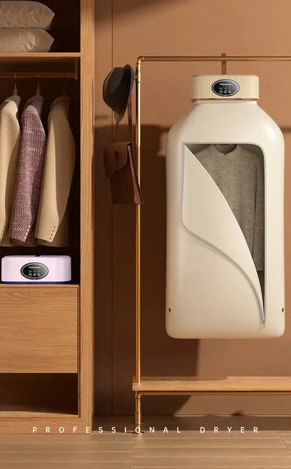 Sèche-linge électrique pliable dans une armoire, design moderne et élégant, idéal pour vêtements délicats.