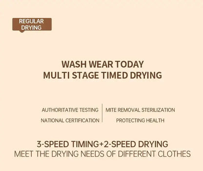Text graphic highlighting multi-stage timed drying features, including mite removal and health protection.