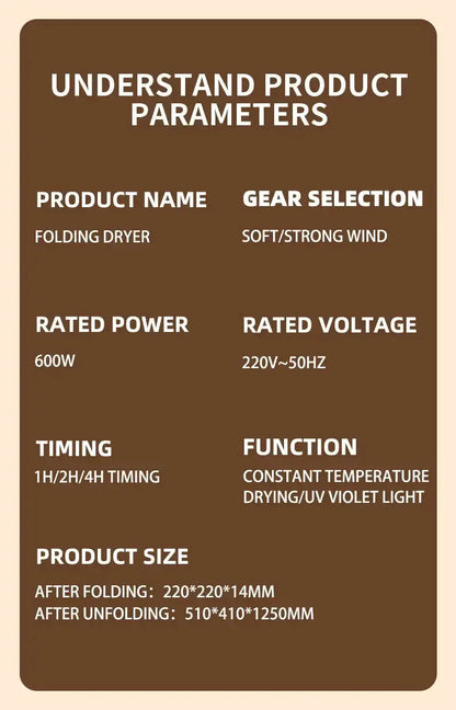 Product parameters for a folding dryer including power, voltage, timing, and size details.