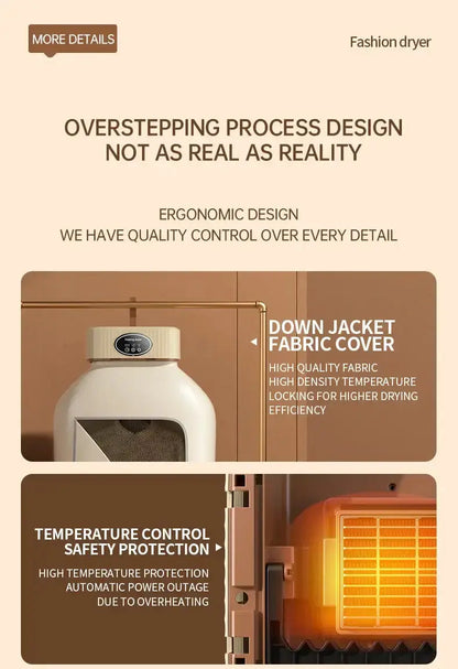 Image of a fashion dryer highlighting ergonomic design, down jacket fabric cover, and temperature control safety protection.