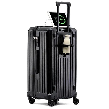 Valise multifonctionnelle légère avec port USB et porte-gobelet, design élégant et capacité spacieuse.