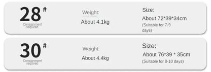 Product specifications for 28&quot; and 30&quot; luggage, including weight, size, and suitability for travel duration.