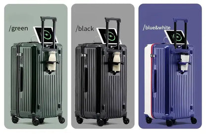 Valise multifonctionnelle avec port USB et porte-gobelet en vert, noir et bleu&amp;blanc, modèle léger de grande capacité.