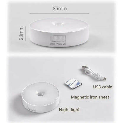 LED night light with USB charging and magnetic mount, showing on/off switch and size dimensions.