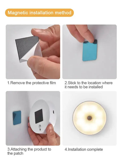 Step-by-step guide for magnetic installation of LED wall lamp, showing patch application and final placement.