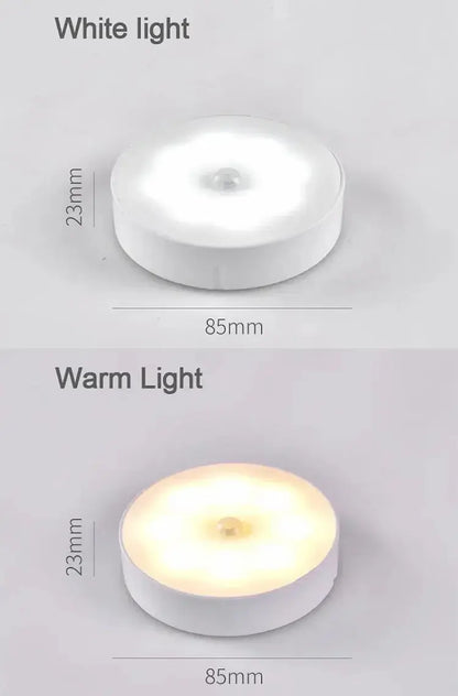 LED night light featuring two color options: white light and warm light, with dimensions of 85mm and 23mm.