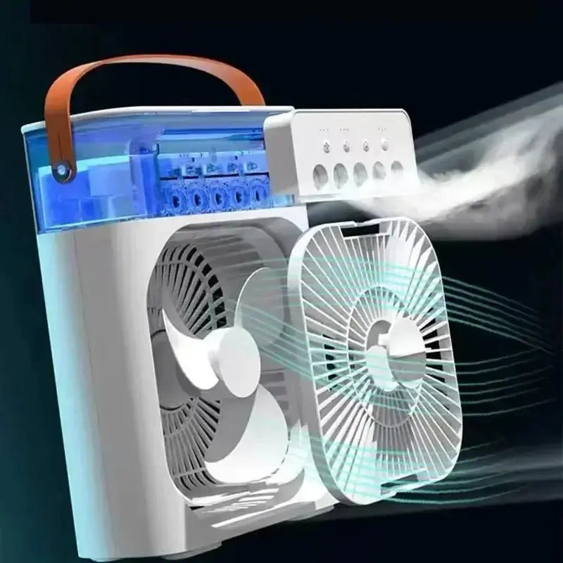Portable 3-in-1 fan and air cooler with LED night lights, designed for home use and efficient cooling.