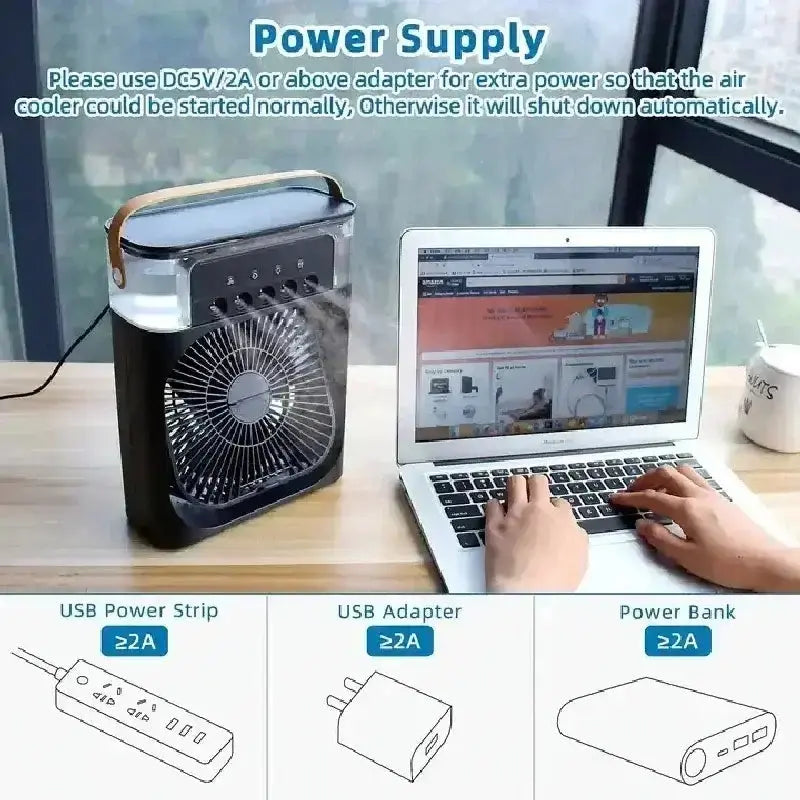 Portable 3-in-1 fan and air cooler with USB power supply instructions, shown alongside a laptop.